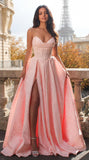 Jacquard Satin Prom Dresses with Slit Strapless Corset A Line Long Formal Gowns