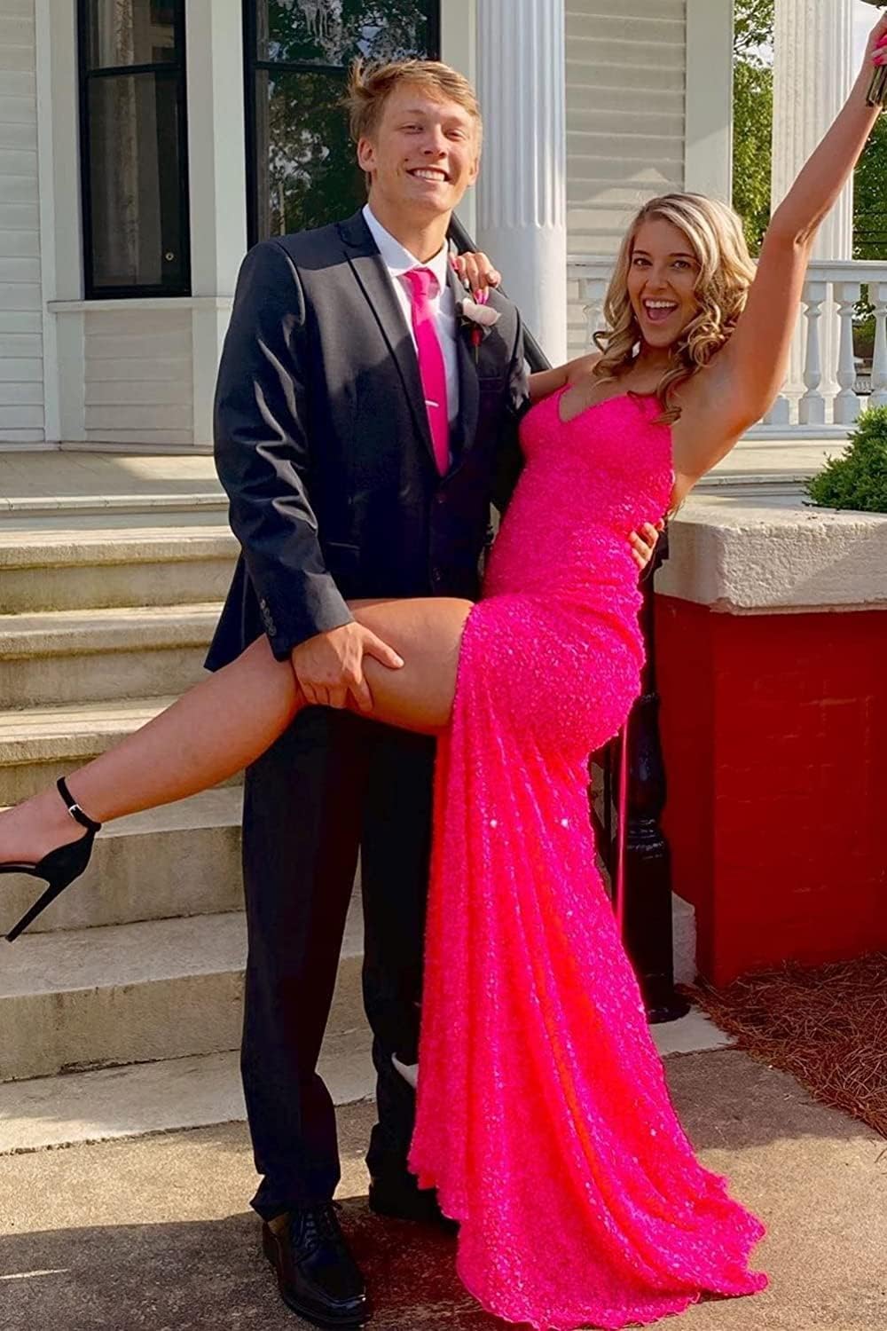 Women's Sequin Mermaid Prom Dresses with Slit Glitter Criss-Cross Long Formal Evening Gowns
