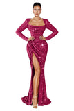 Mermaid Sequin Prom Dresses for Women 2026 Long Sleeve Ruched Formal Dress with Slit Sparkly Evening Party Gowns