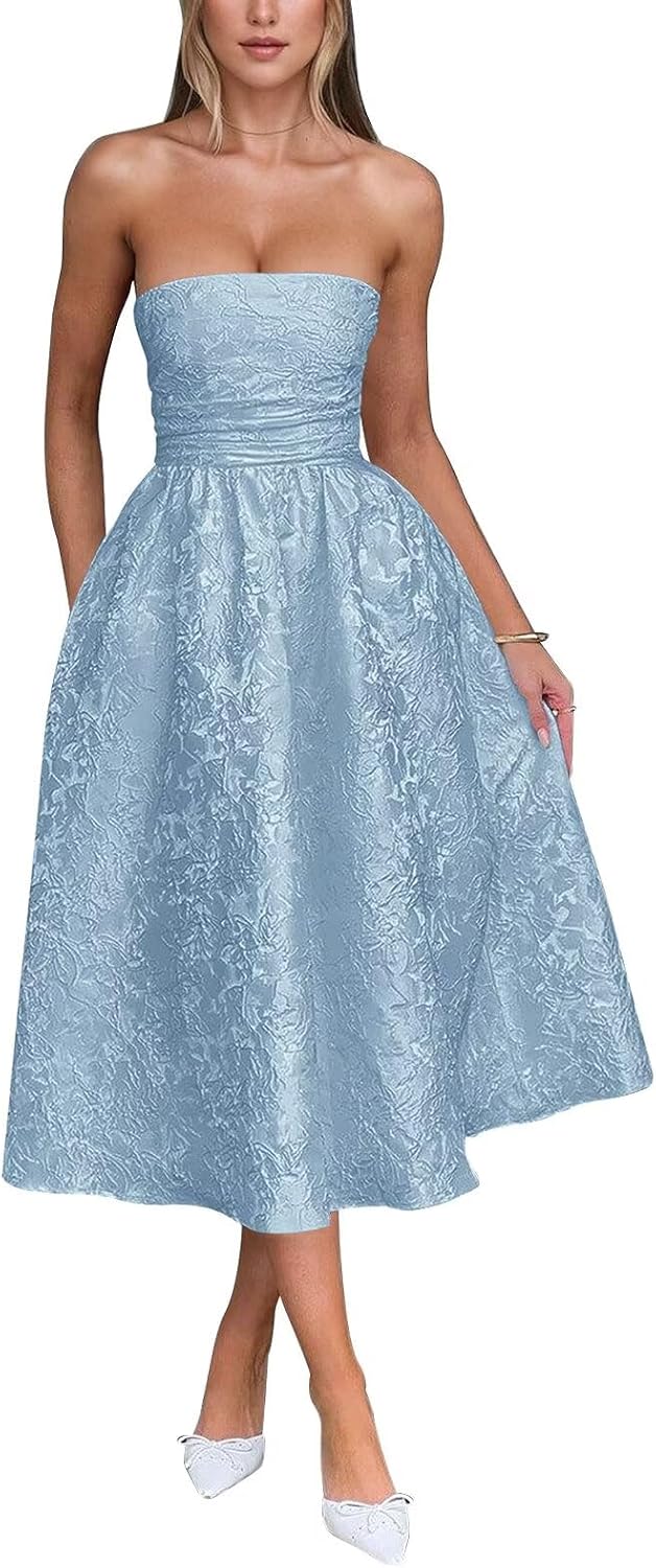Satin Floral Jacquard Prom Dress for Women Strapless Corset Tea Length Formal Cocktail Evening Gowns