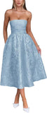 Satin Floral Jacquard Prom Dress for Women Strapless Corset Tea Length Formal Cocktail Evening Gowns