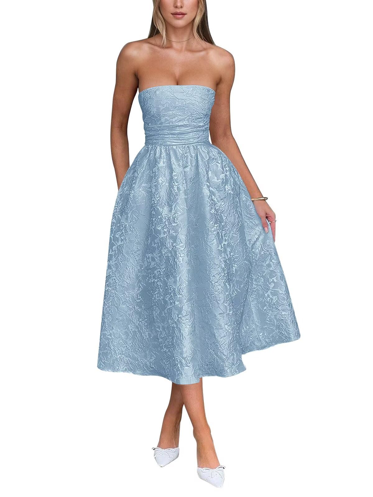 Satin Floral Jacquard Prom Dress for Women Strapless Corset Tea Length Formal Cocktail Evening Gowns