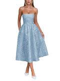 Satin Floral Jacquard Prom Dress for Women Strapless Corset Tea Length Formal Cocktail Evening Gowns