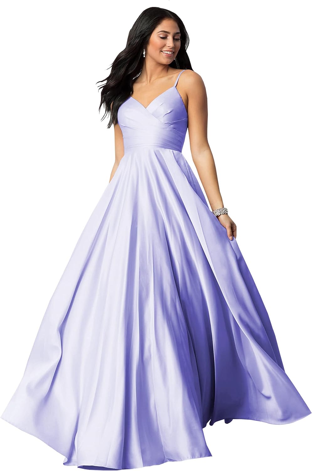 Women's Spaghetti Straps Satin Prom Dresses with Pockets V Neck Pleated Formal Evening Ball Gowns