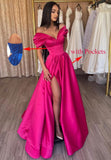Women’s Off The Shoulder Prom Dresses with Slit Satin Ruched Long Formal Evening Gowns