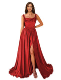 Cowl Neck Satin Prom Dresses Corset Ball Gown Long Puffy A-Line Formal Evening Gown with Slit