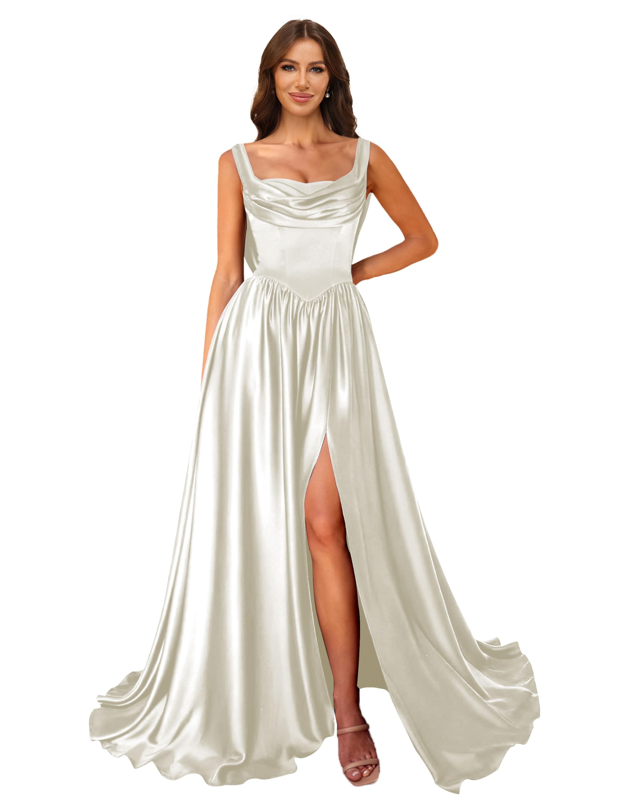 Cowl Neck Satin Prom Dresses Corset Ball Gown Long Puffy A-Line Formal Evening Gown with Slit
