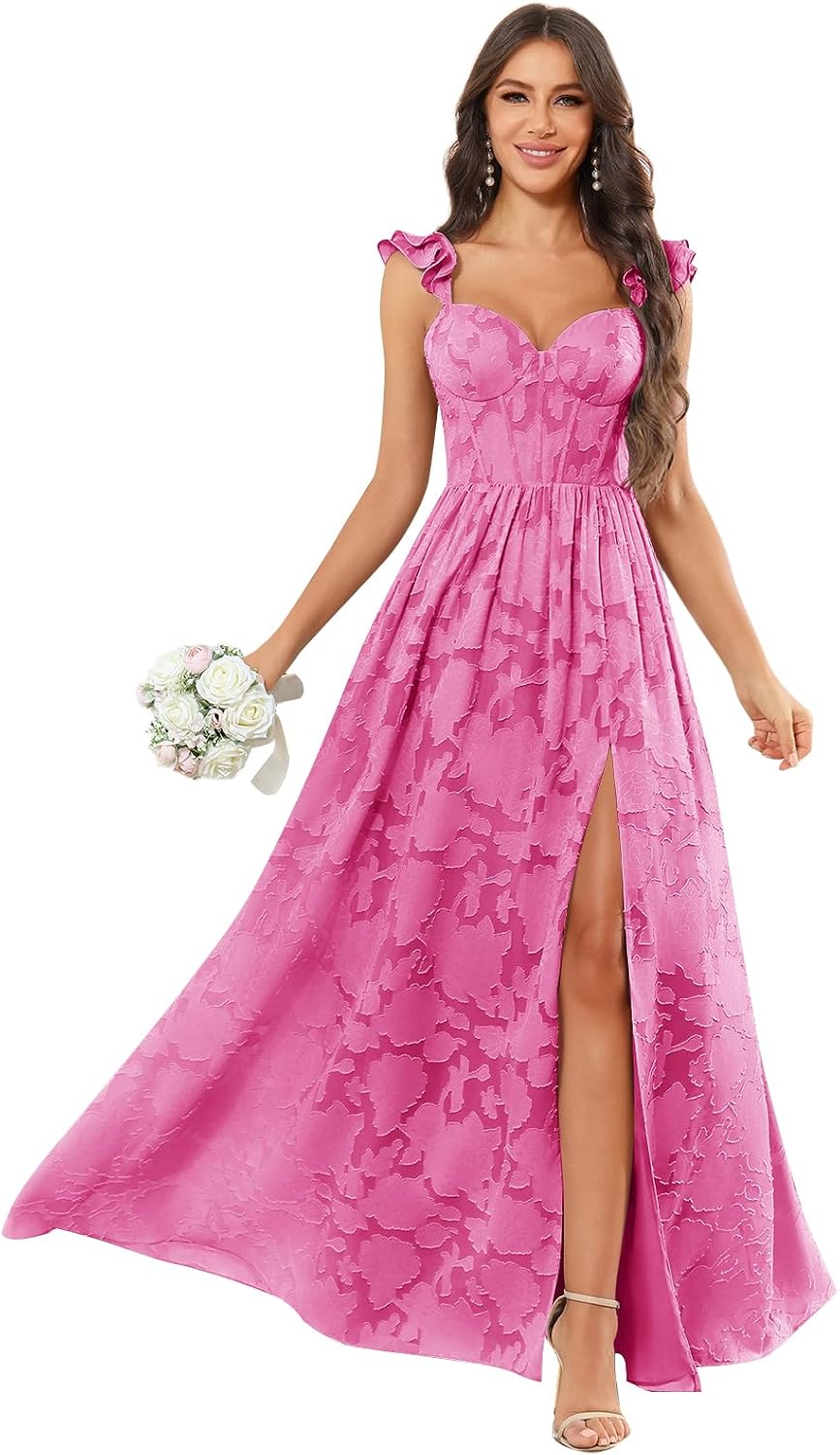 Chiffon Floral Bridesmaid Dresses with Slit Sleeveless Corset Ruffle A Line Long Formal Evening Gowns for Wedding