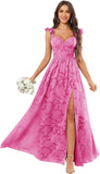 Chiffon Floral Bridesmaid Dresses with Slit Sleeveless Corset Ruffle A Line Long Formal Evening Gowns