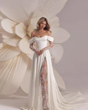 Off Shoulder Satin Wedding Dresses Lace Long Sleeve Prom Dresses Corset A-Line Ball Gowns with Slit