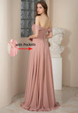 Schulterfreies Brautjungfernkleid für die Hochzeit, gerüschtes Chiffon-Split-Abendkleid mit Taschen 