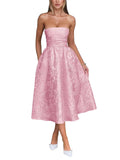 Satin Floral Jacquard Prom Dress for Women Strapless Corset Tea Length Formal Cocktail Evening Gowns