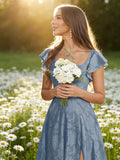 Floral Bridesmaid Dresses for Women Long A-Line Square Neck Lace Formal Evening Gown with Sleeves Slit