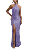 Sequin Mermaid Prom Dresses for Women Long Sparkly Halter-Neck Tight Backless Formal Evening Party Gowns with Slit