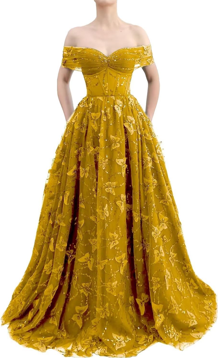 Sparkly Off Shoulder Tulle Prom Dresses with Butterfly Appliques Long A Line Formal Evening Party Gowns for Women