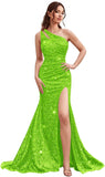 Kingbridal Gowns One Shoulder Sequin Prom Dresses with Slit 2026 Mermaid Formal Dress for Women Sparkly Ruched Evening Party Gowns