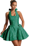 Satin Jacquard Halter Homecoming Dresses with Bow for Teens Mini A-Line Puffy Cocktail Corset Evening Party Gown