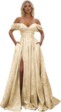 Off Shoulder Long Prom Dress 2026 Floral Satin A-Line Corset Ball Formal Evening Gown with Slit