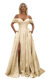Off Shoulder Long Prom Dress 2026 Jacquard Floral Satin A-Line Corset Ball Gown with Slit Formal Evening Dresses