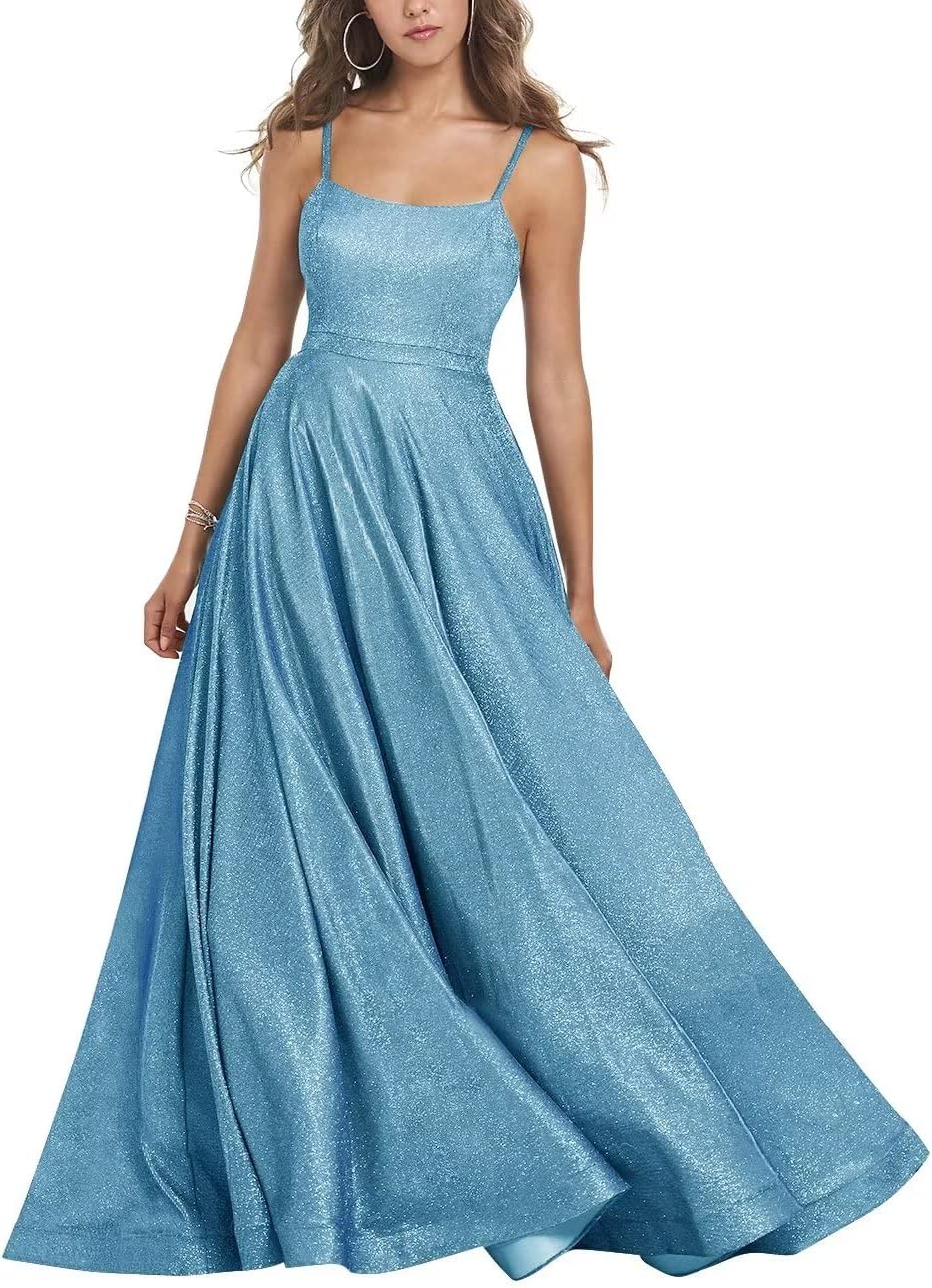 Women's Glitter Prom Dresses Long Ball Gown Spaghetti Straps Neck Formal Evening Party Dress for Teens