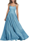 Women's Glitter Prom Dresses Long Ball Gown Spaghetti Straps Neck Formal Evening Party Dress for Teens