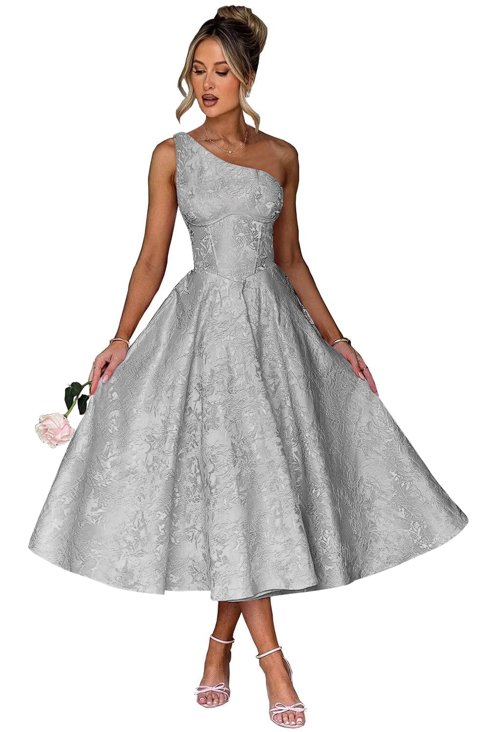 Jacquard Floral Satin Prom Dresses 2026 One Shoulder A-Line Midi Formal Evening Party Gown with Pockets for Women