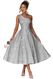 Jacquard Floral Satin Prom Dresses 2026 One Shoulder A-Line Midi Formal Evening Party Gown with Pockets for Women