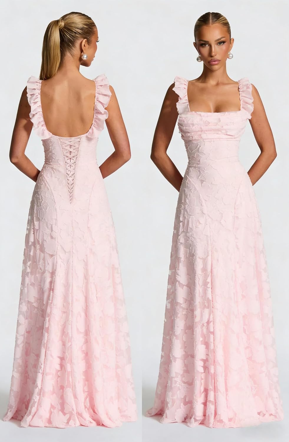 Ruched Jacquard Prom Dresses for Women Teens Ruffle Strap Floral Maxi Formal Dress Evening Gown