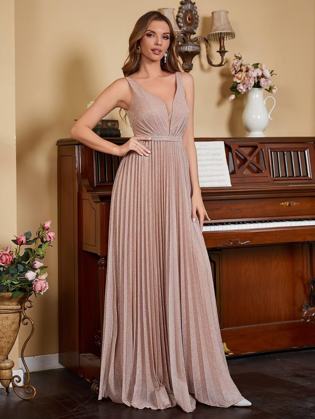 Spaghetti Strap Long Prom Dresses for Women 2026 Ball Gown A Line V-Neck Sparkly Formal Evening Gowns for Wedding