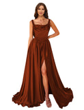 Cowl Neck Satin Prom Dresses Corset Ball Gown Long Puffy A-Line Formal Evening Gown with Slit