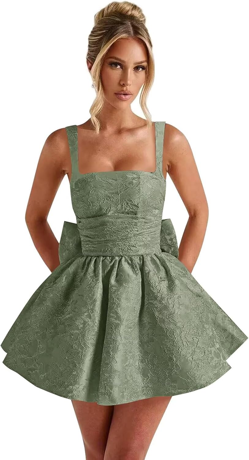 Satin Jacquard Homecoming Dress with Bow Short A-Line Mini Prom Cocktail Party Gown
