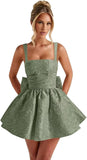 Satin Jacquard Homecoming Dress with Bow Short A-Line Mini Prom Cocktail Party Gown