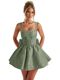 Satin Jacquard Homecoming Dress with Bow Short A-Line Mini Prom Cocktail Party Gown