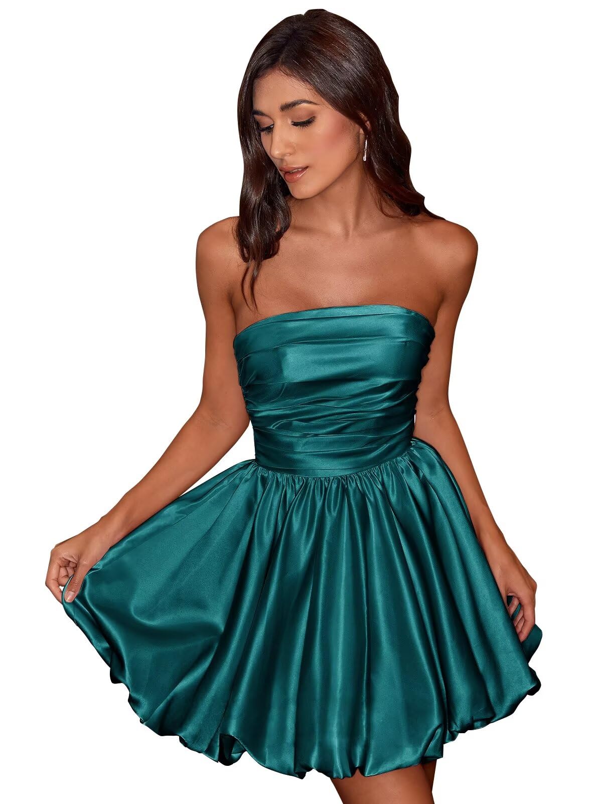 Short Satin A-Line Ruched Homecoming Dresses for Teens Strapless Ruched Mini Formal Cocktail Party Dress