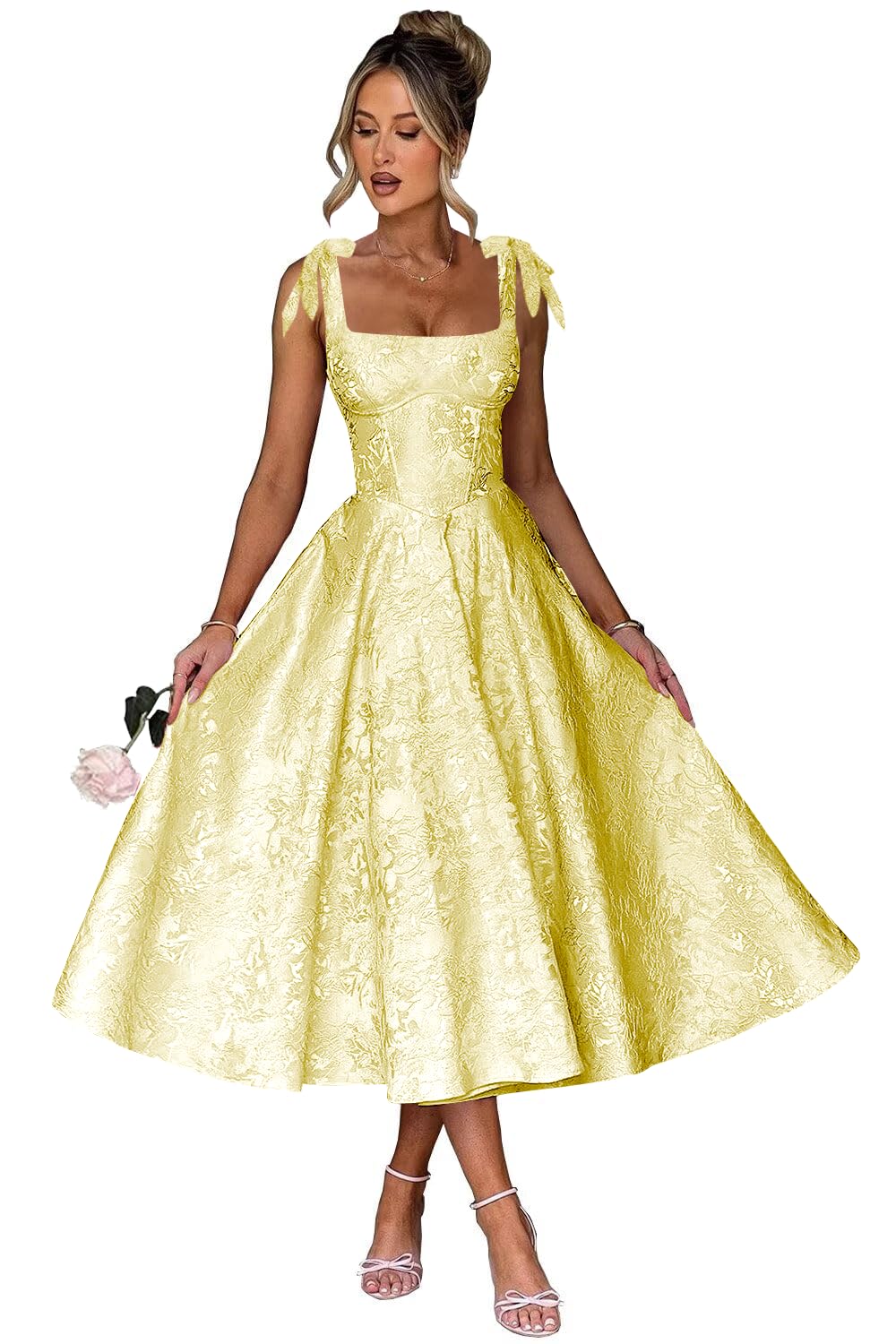 Women's Midi Bridesmaid Dresses Jacquard Satin with Bow Spaghetti Straps Square Neck Formal Wedding Guest Dress