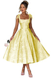 Women's Midi Bridesmaid Dresses Jacquard Satin with Bow Spaghetti Straps Square Neck Formal Wedding Guest Dress