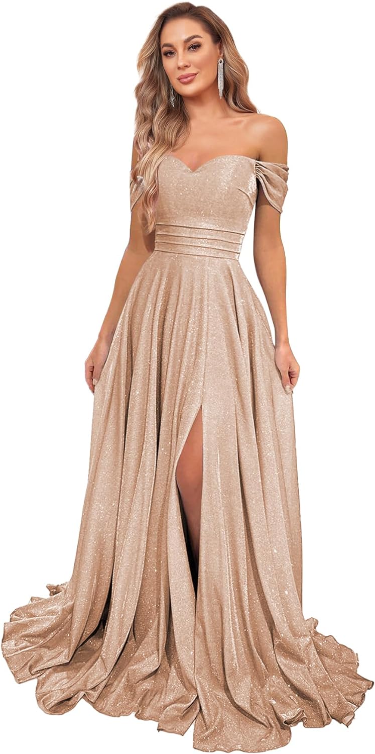 Women's Glittery Prom Dresses Long Ball Gown Off Shoulder High Slit Formal Evening Gowns with Pockets