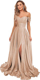 Women's Glittery Prom Dresses Long Ball Gown Off Shoulder High Slit Formal Evening Gowns with Pockets