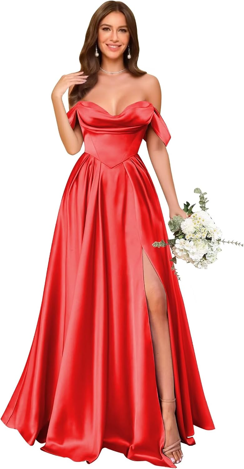 Off Shoulder Satin Bridesmaid Dresses Long Pleated Formal Dresses A Line Evening Gowns with Slit