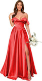 Off Shoulder Satin Bridesmaid Dresses Long Pleated Formal Dresses A Line Evening Gowns with Slit
