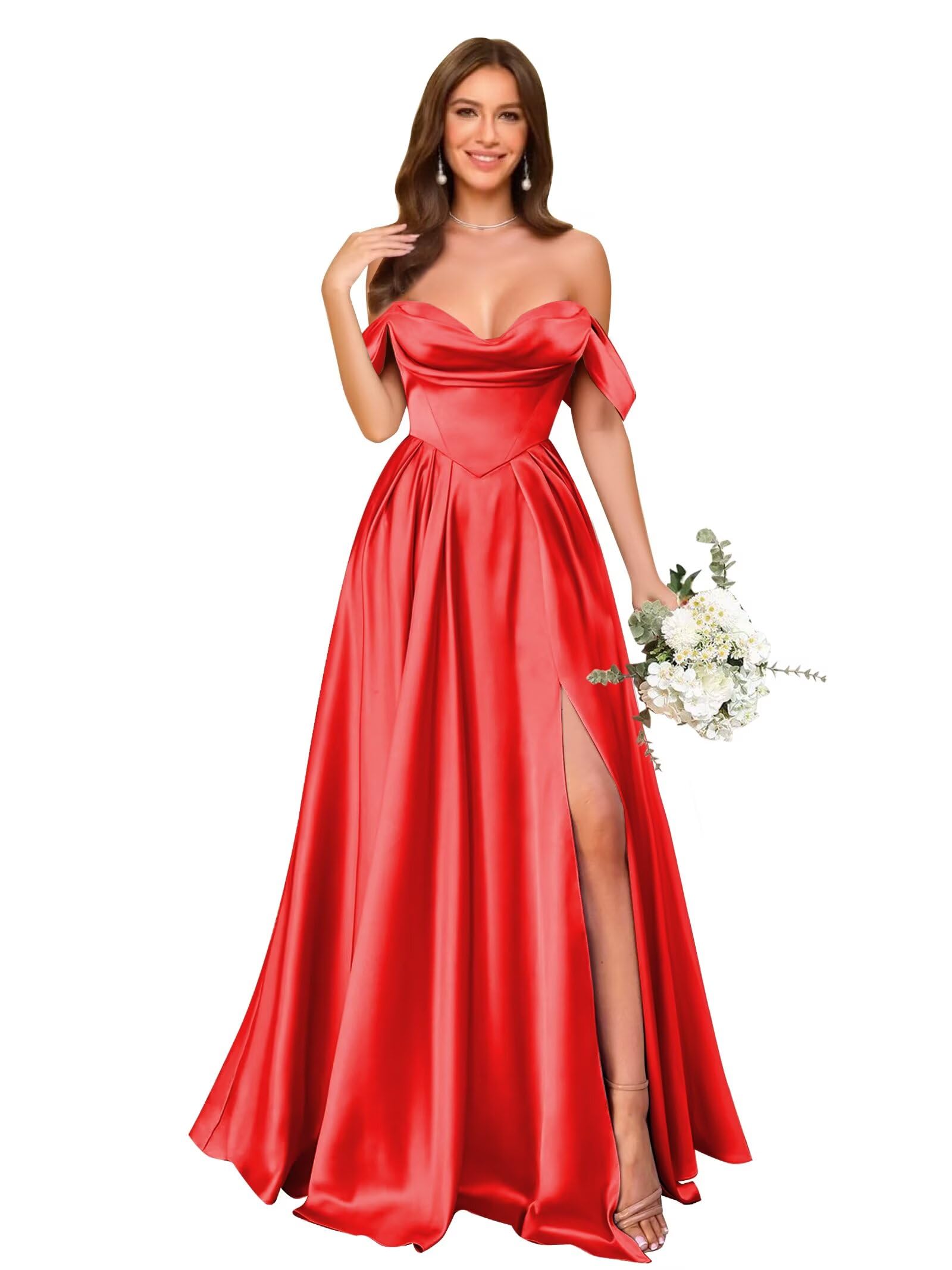 Off Shoulder Satin Bridesmaid Dresses Long Pleated Formal Dresses A Line Evening Gowns with Slit