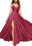 Satin Bridesmaid Dresses for Women Spaghetti Straps Wedding Guest Dress Long V Neck Formal Gown with Slit