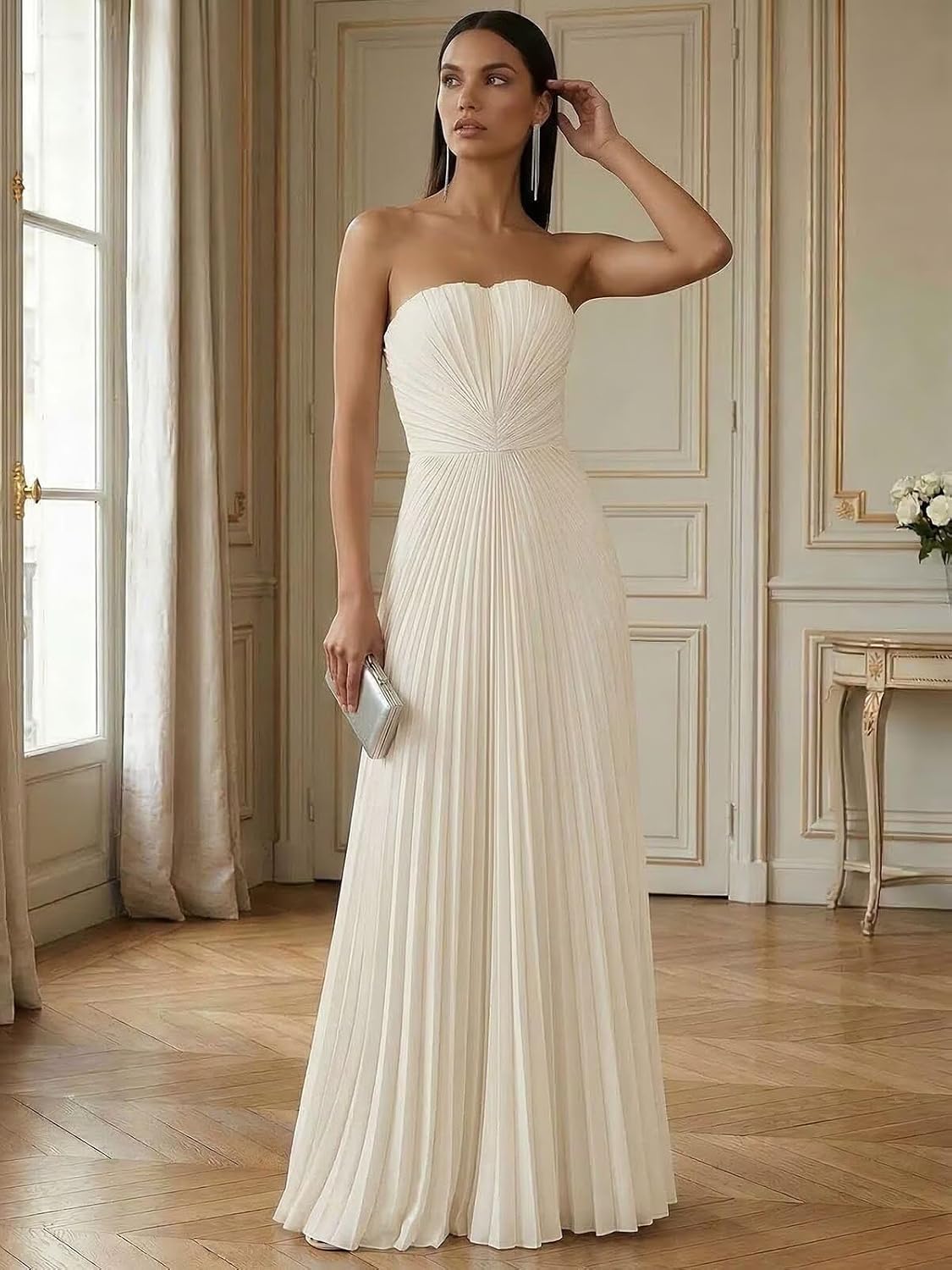 Strapless Prom Dresses for Women Long A Line Cocktail Dress Pleated Chiffon Formal Wedding Guest Dress