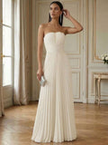 Ruched Strapless Prom Dresses for Women Long A Line Cocktail Dress Pleated Chiffon Formal Wedding Guest Dress
