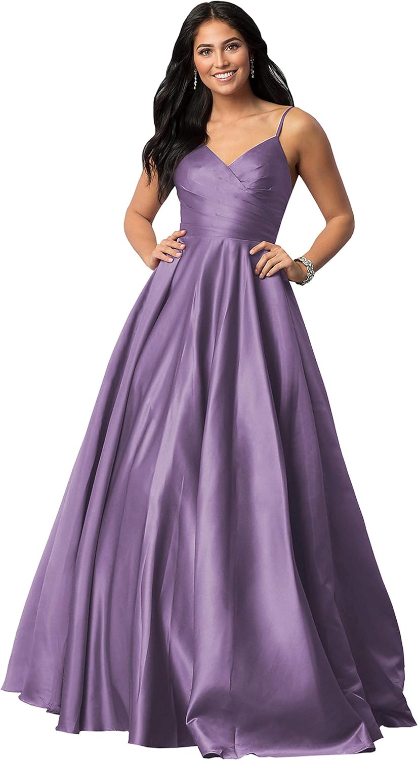 Women's Spaghetti Straps Satin Prom Dresses with Pockets V Neck Pleated Formal Evening Ball Gowns