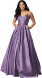 Women's Spaghetti Straps Satin Prom Dresses with Pockets V Neck Pleated Formal Evening Ball Gowns