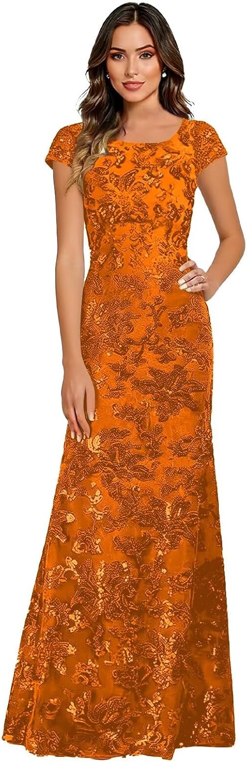 Lace Appliques Scoop Neck Sequin Mother of the Bride Dresses Mermaid Short Sleeve Formal Evening Gowns