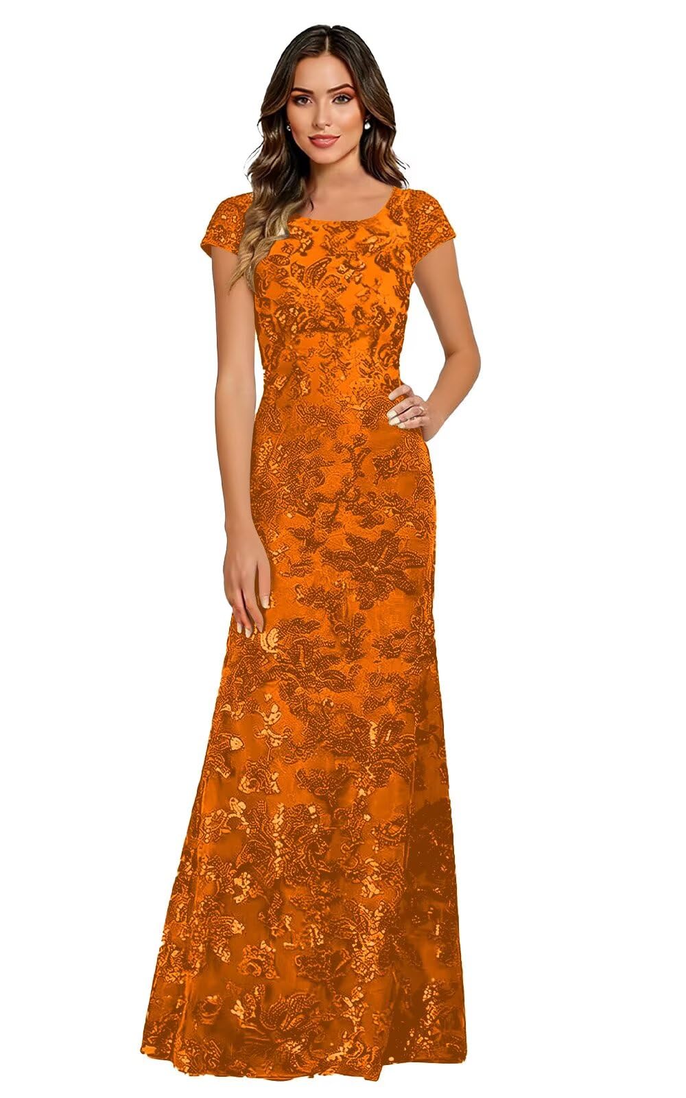 Lace Appliques Scoop Neck Sequin Mother of the Bride Dresses Mermaid Short Sleeve Formal Evening Gowns