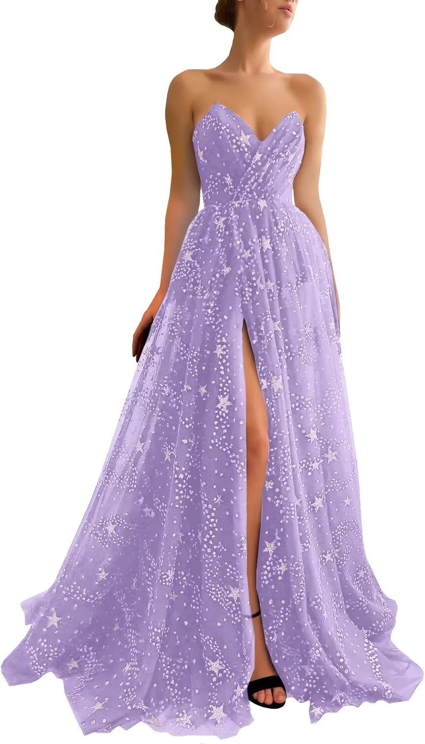 Women's Sparkle Starry Tulle Prom Dresses Strapless Long Formal Evening Party Gowns with Slit