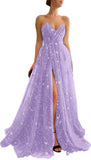 Women's Sparkle Starry Tulle Prom Dresses Strapless Long Formal Evening Party Gowns with Slit